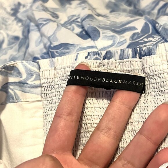 WHBM White Blue Floral Strapless Eyelet Scallop Hem Midi Dress Womens sz 8 - Picture 4 of 5